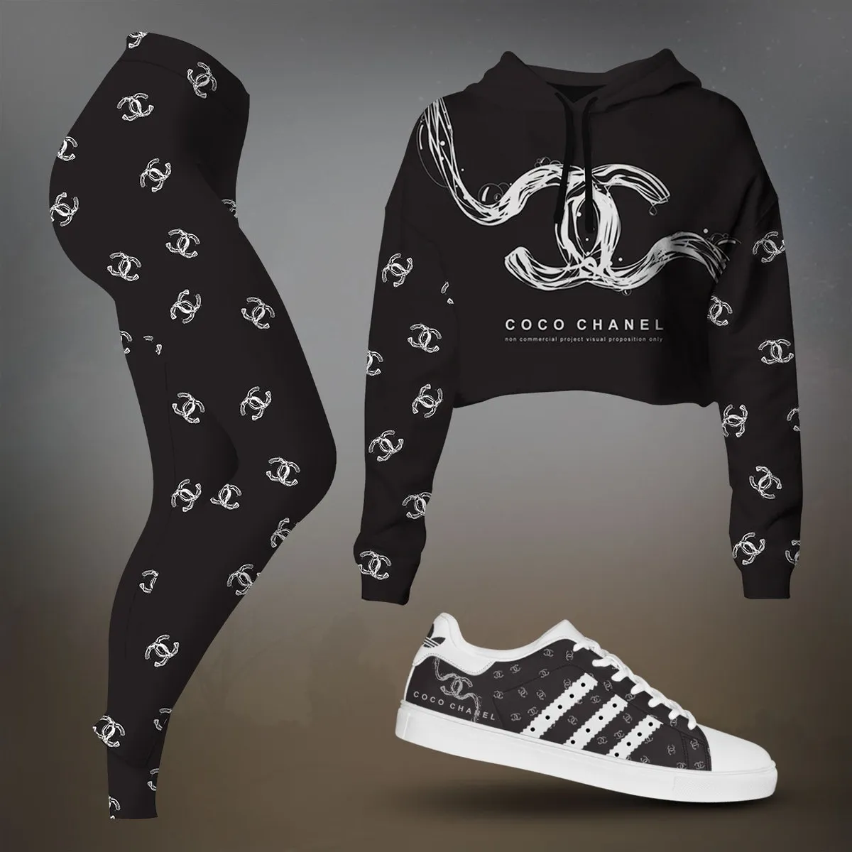 Chanel Black Icon Repeat Pattern Cropped Hoodie And Leggings Set