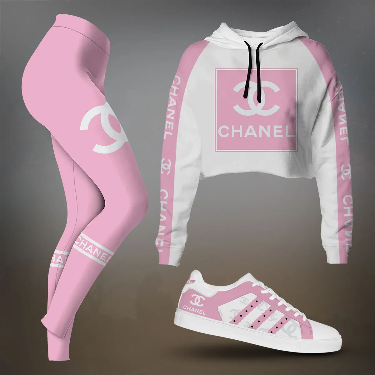 Chanel Pink And White Colorblock Cropped Hoodie And Leggings Set