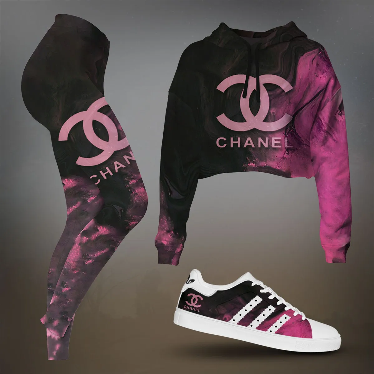 Chanel Black And Pink Tie-Dye Cropped Hoodie And Leggings Set