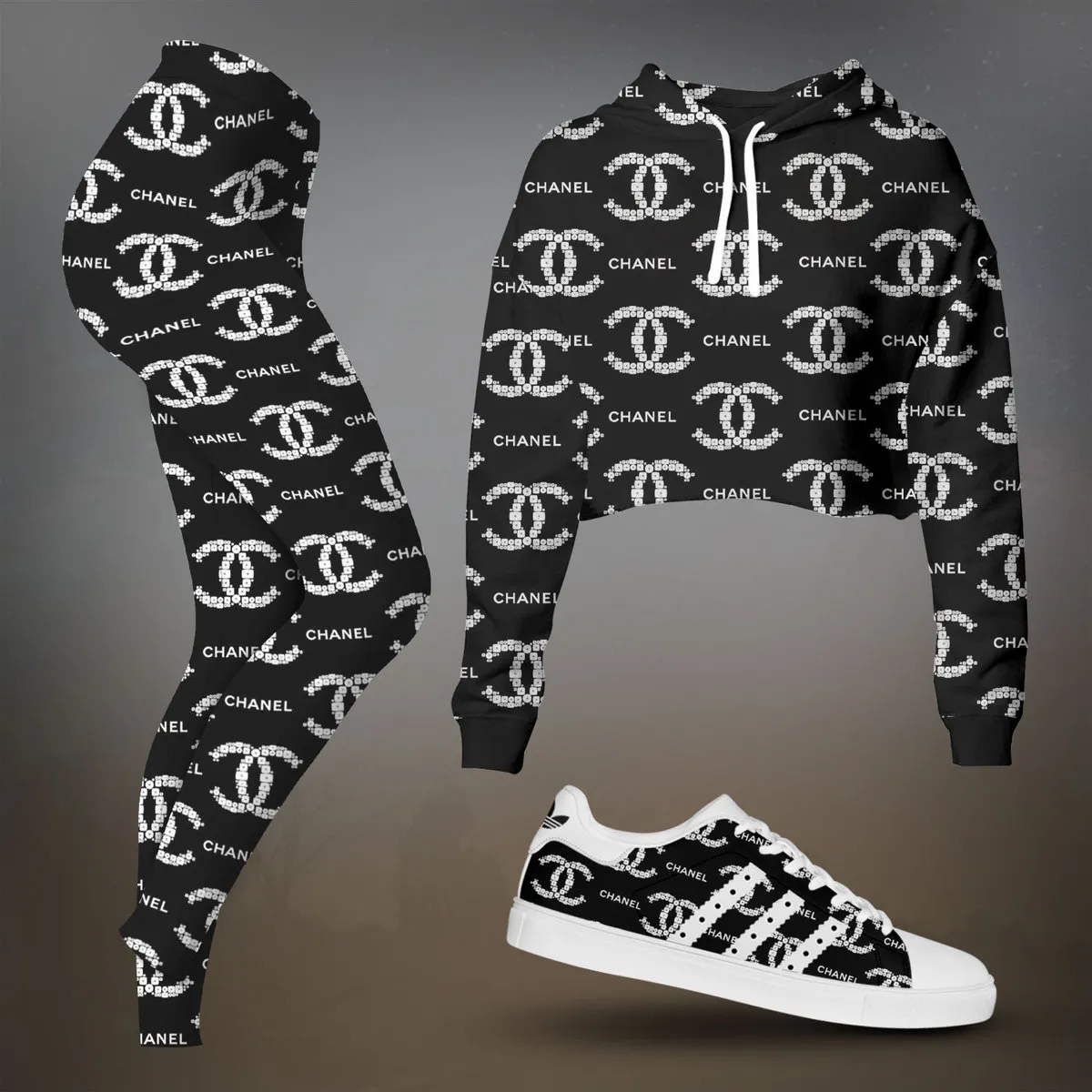 Chanel Black Monogram Graphic Cropped Hoodie And Leggings Set