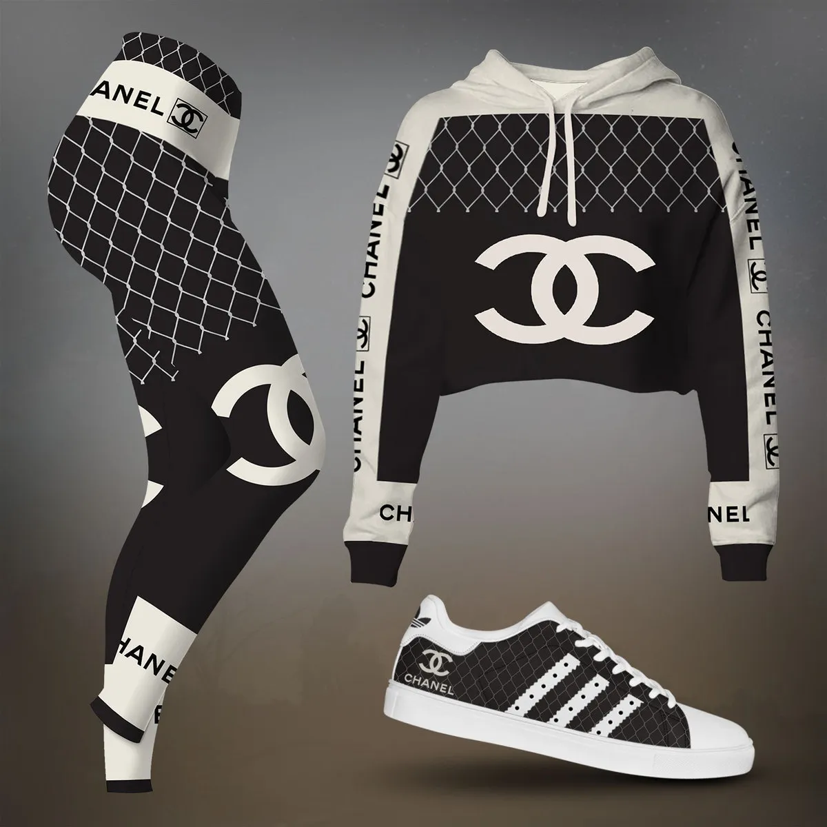 Chanel Black And White Sport Stripe Cropped Hoodie And Leggings Set