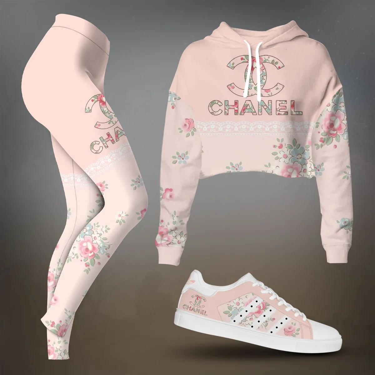 Chanel Light Pink Floral Print Cropped Hoodie And Leggings Set