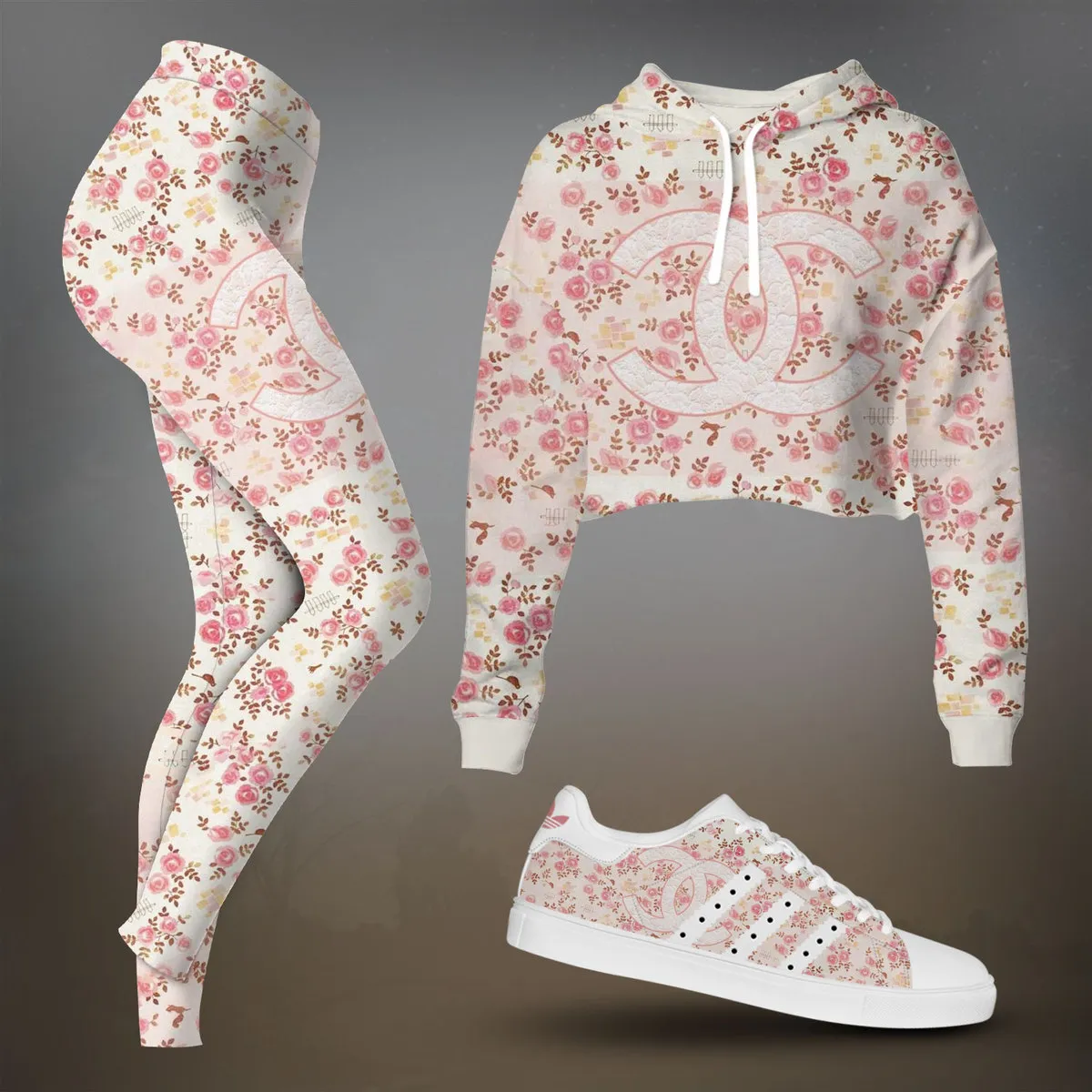 Chanel Pink Floral Print Cropped Hoodie And Leggings Set