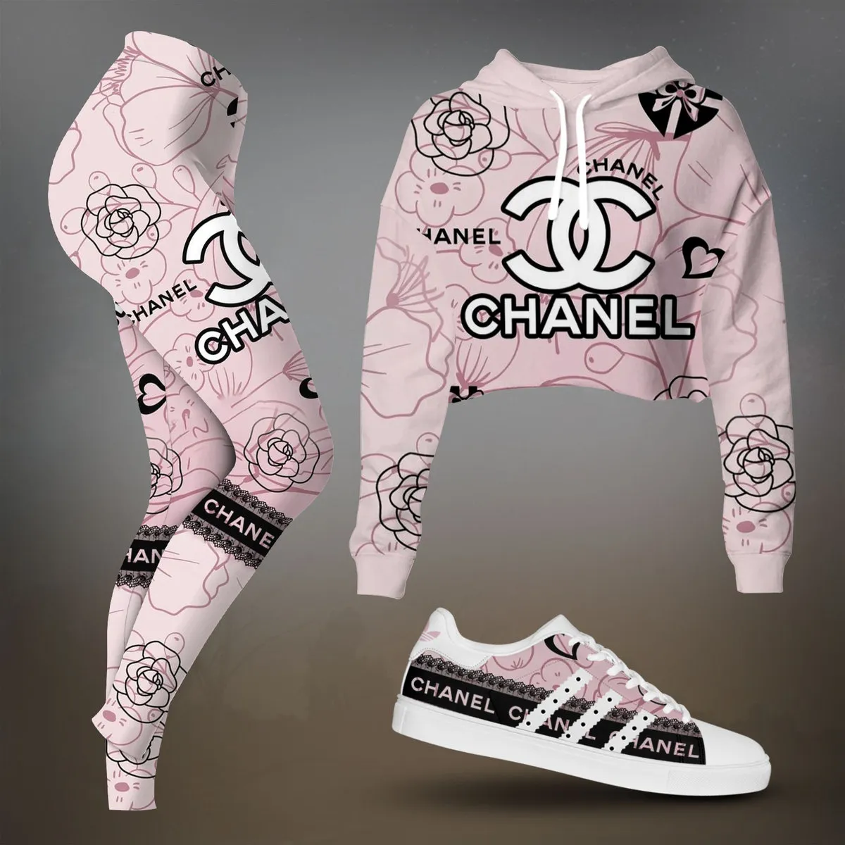 Chanel Pink And Black Graffiti Print Cropped Hoodie And Leggings Set