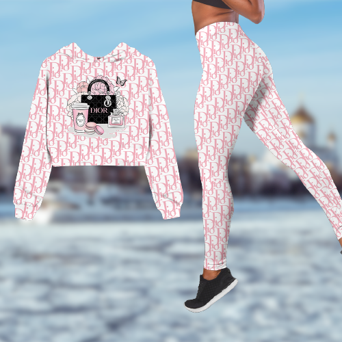 Coach Pink Geometric Print Cropped Hoodie And Leggings Set