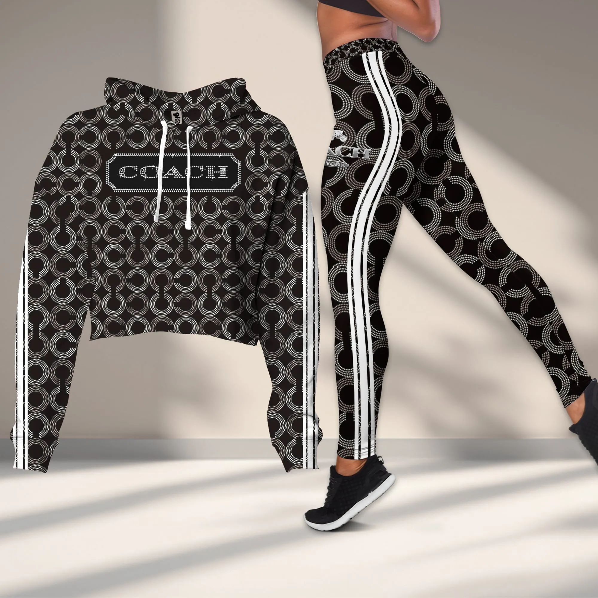 Coach Black Geometric Pattern Cropped Hoodie And Leggings Set
