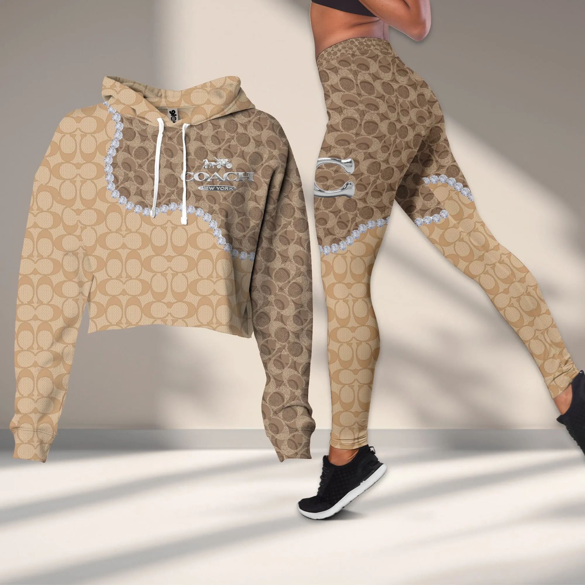 Coach Beige Luxury Pattern Cropped Hoodie And Leggings Set