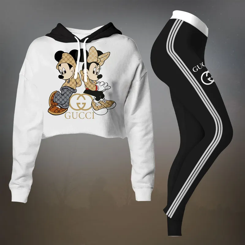 Gucci White Cartoon Graphic Cropped Hoodie And Leggings Set