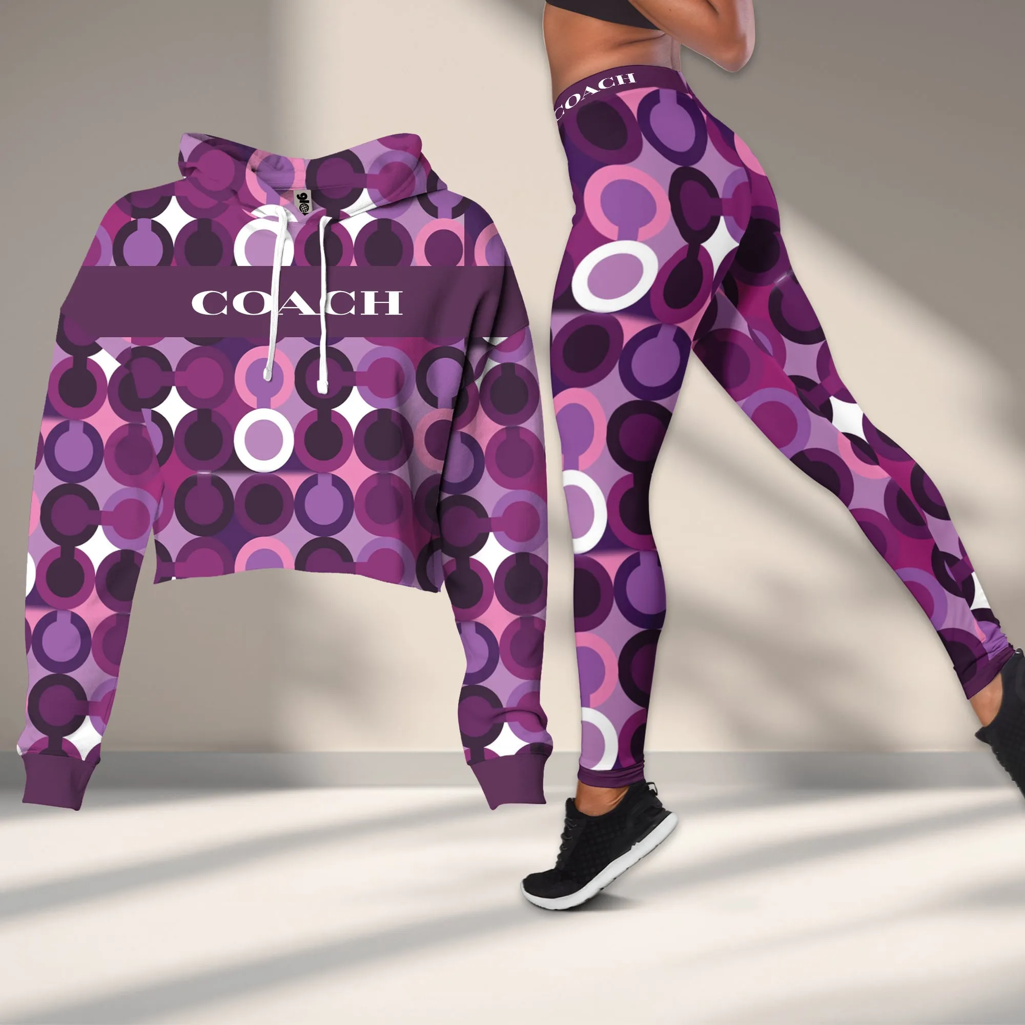 Coach Purple Dot Pattern Cropped Hoodie And Leggings Set