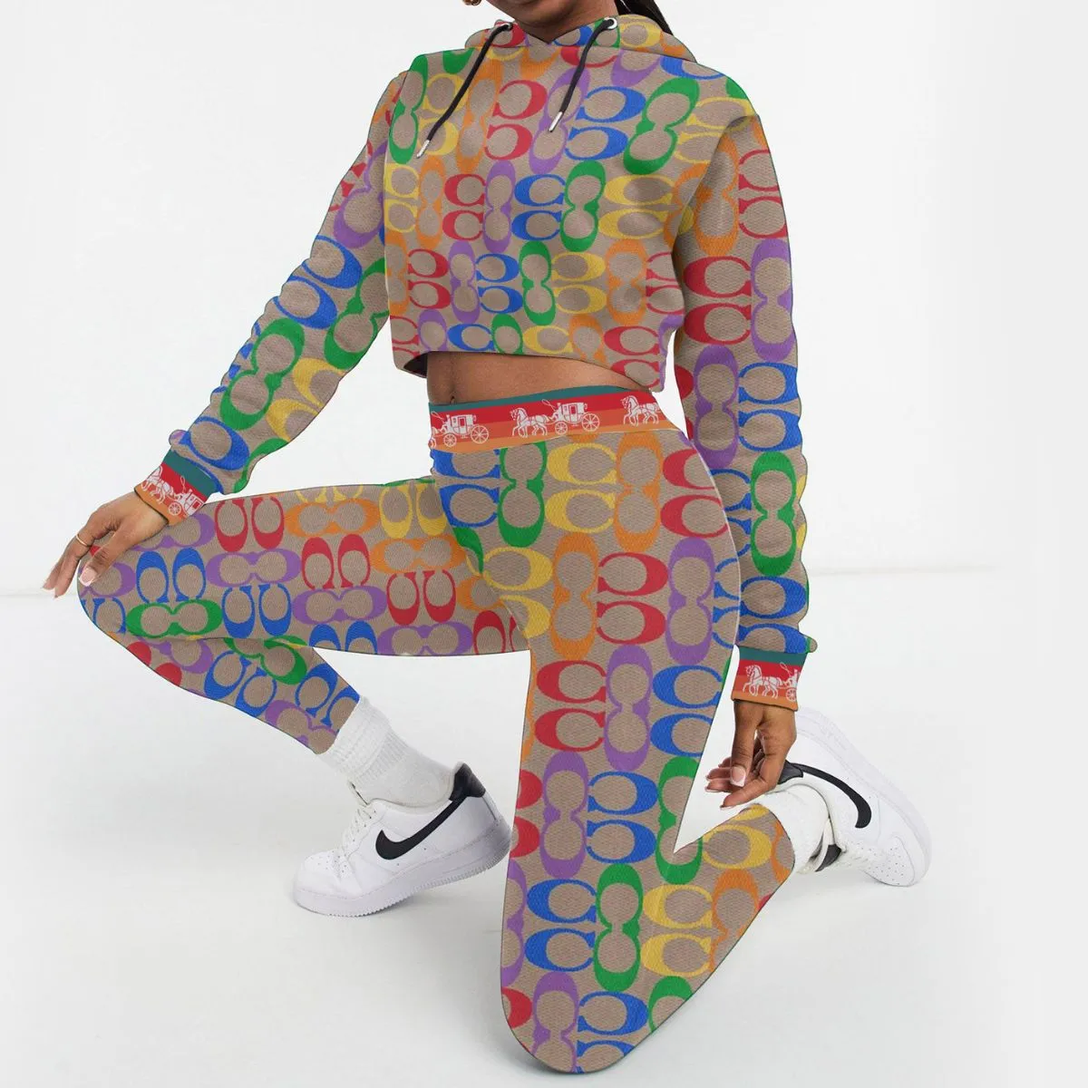 Coach Colorful Geometric Print Cropped Hoodie And Leggings Set For Women