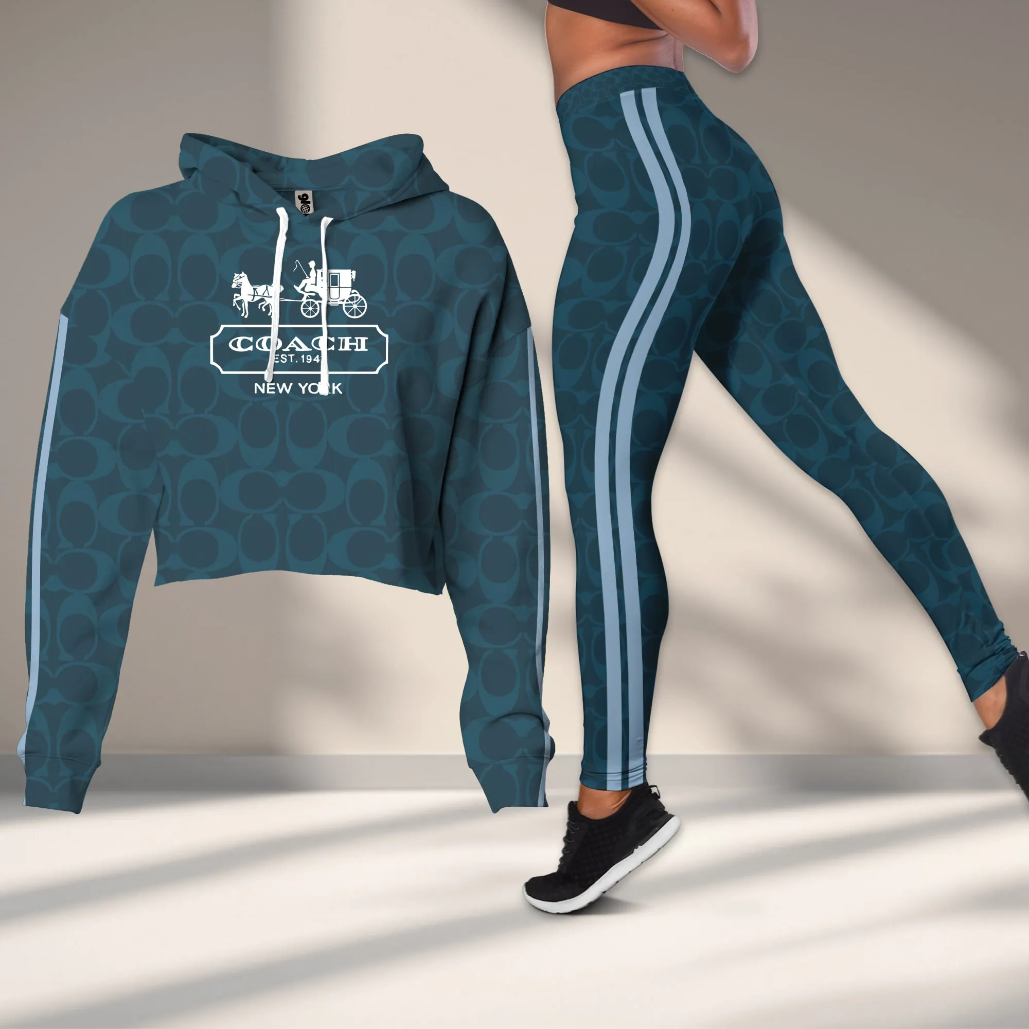 Coach Teal Blue Minimal Cropped Hoodie And Leggings Set