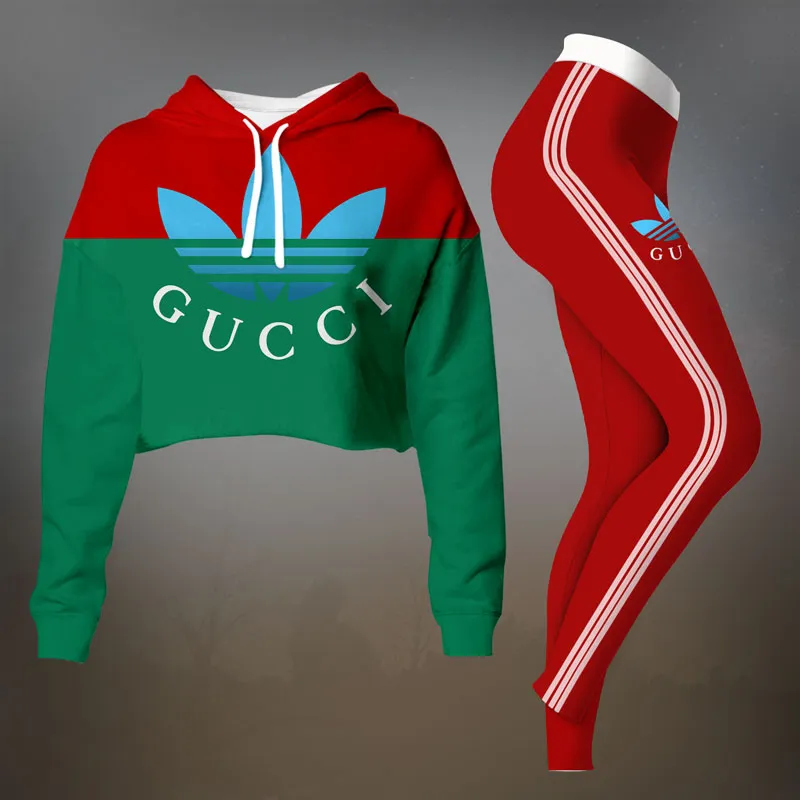 Gucci Red Green Colorblock Cropped Hoodie And Leggings Set