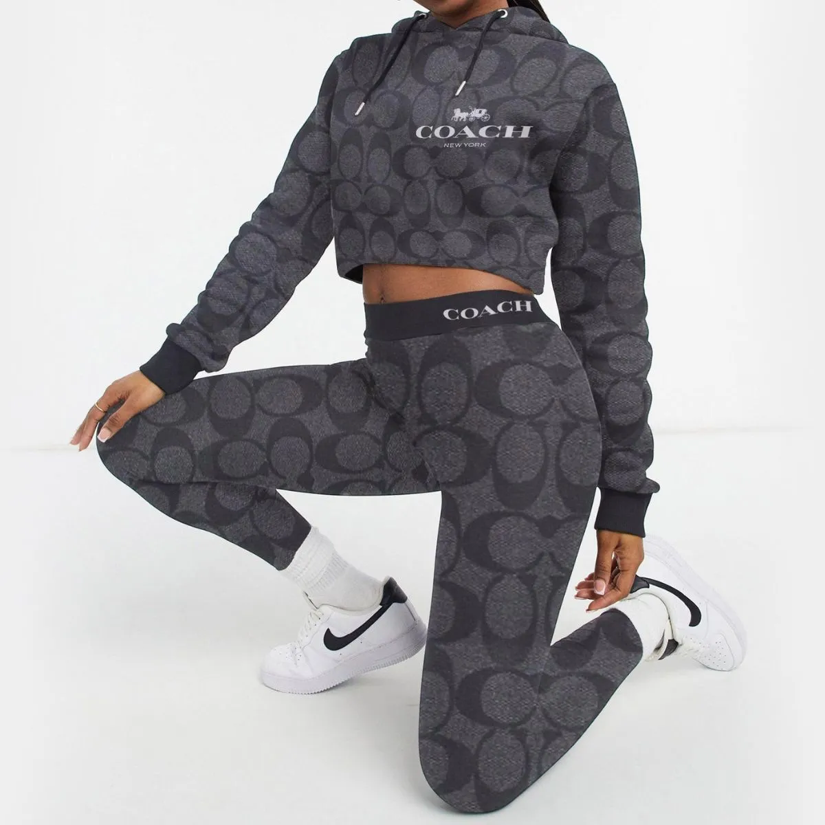 Coach Charcoal Gray Monogram Cropped Hoodie And Leggings Set