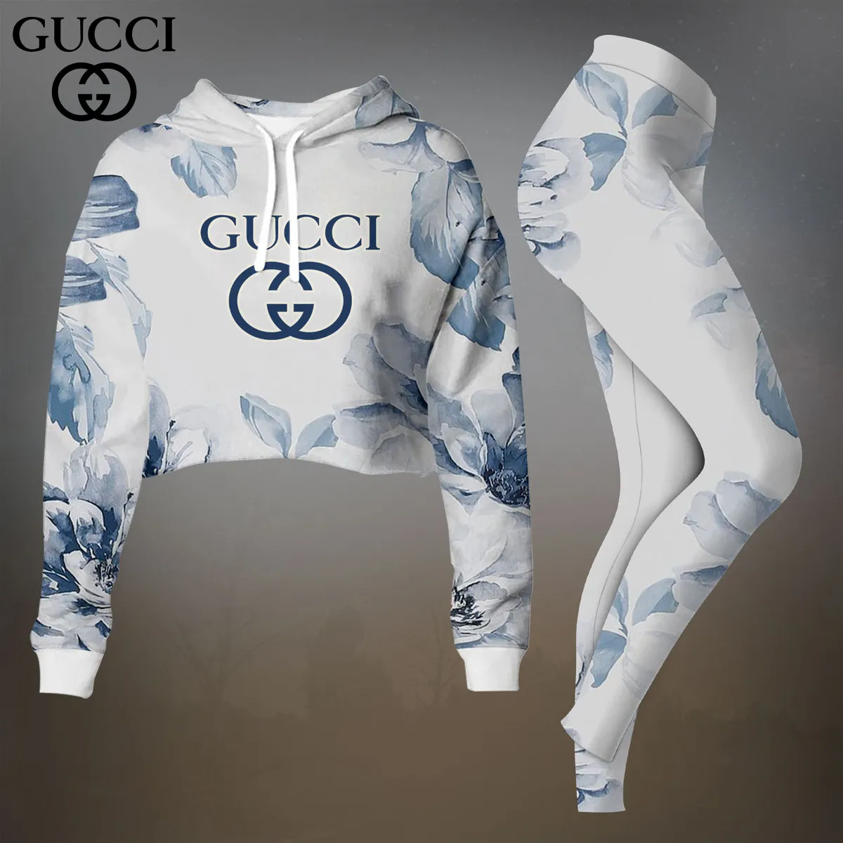 Gucci Light Blue Floral Cropped Hoodie And Leggings Set