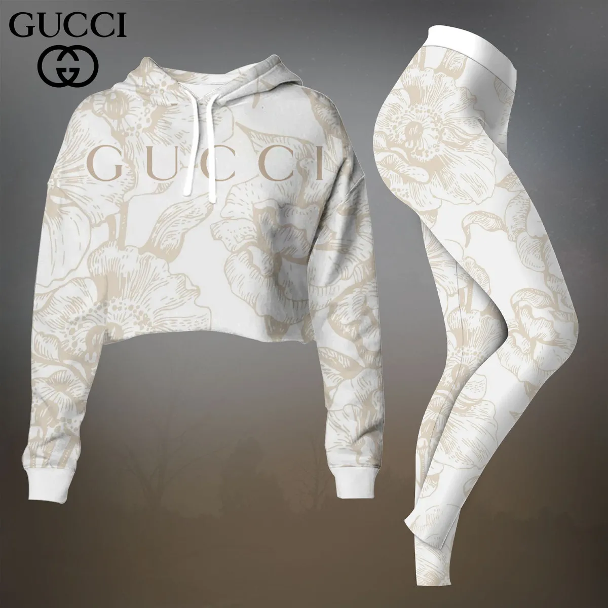 Gucci White Monogram Floral Cropped Hoodie And Leggings Set