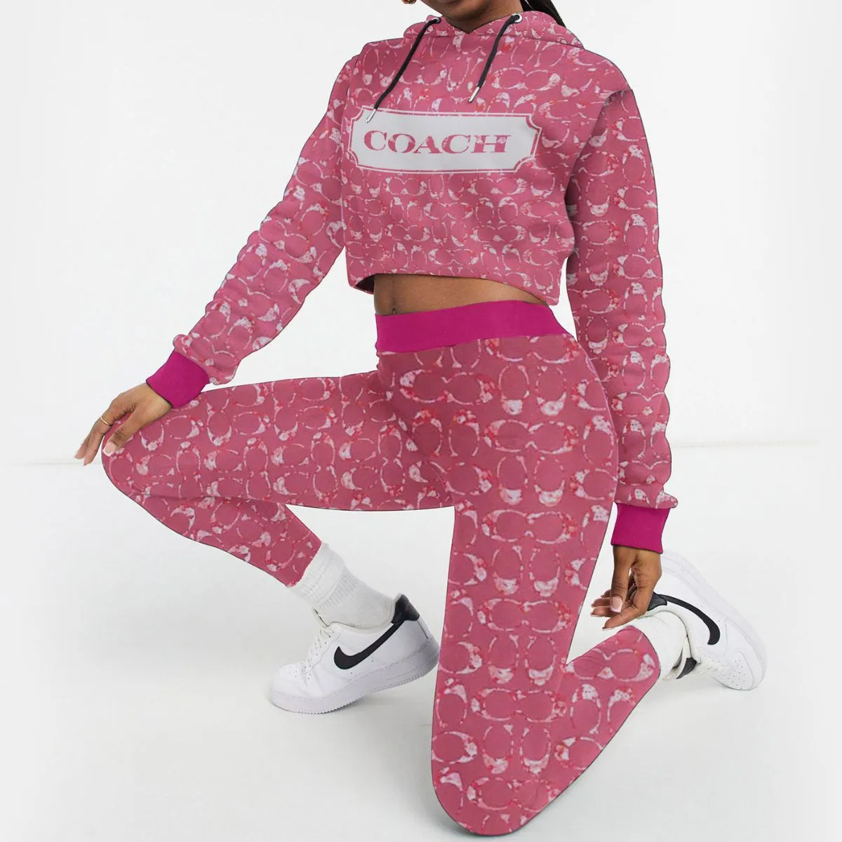Coach Pink Logo Print Cropped Hoodie And Leggings Set