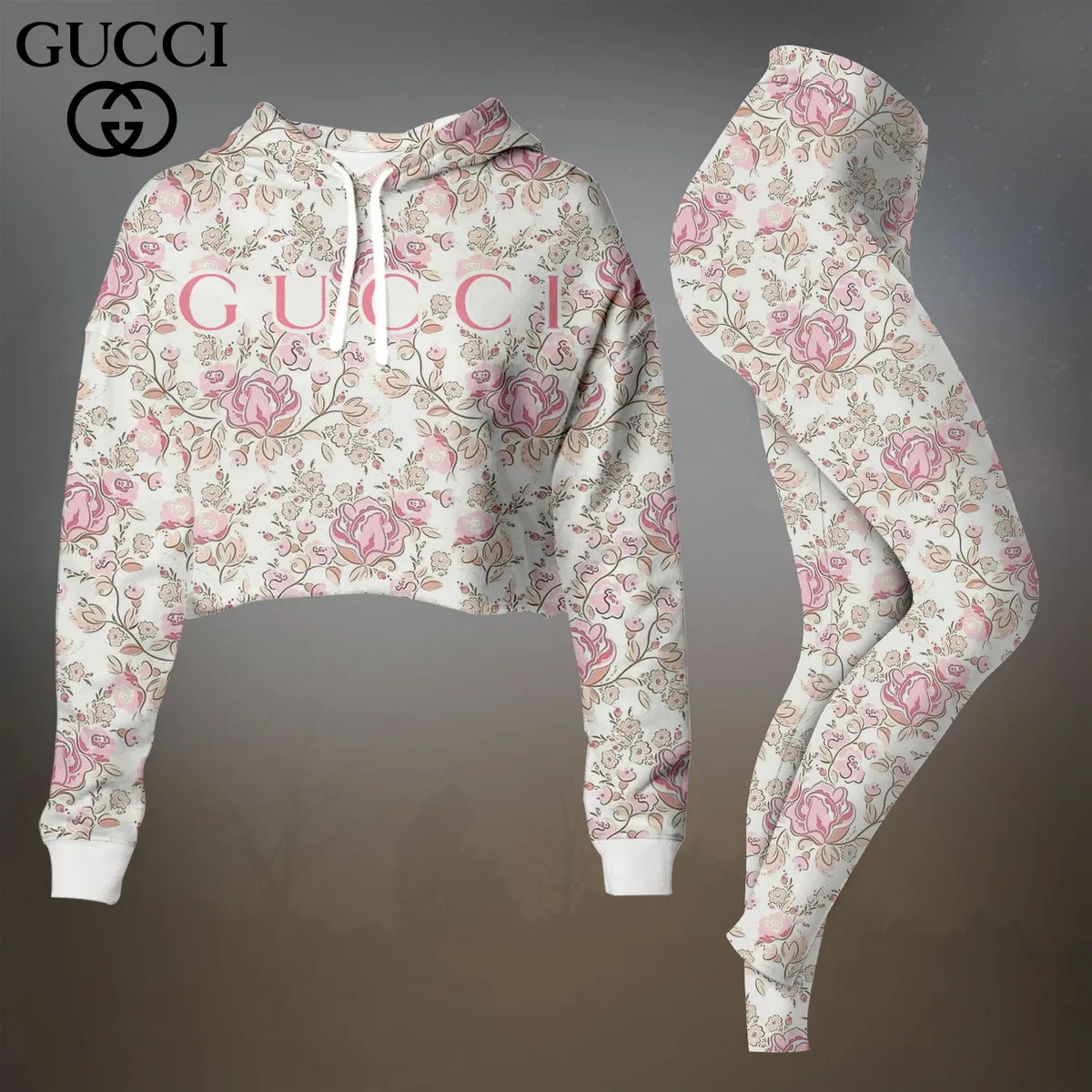 Gucci Pink Floral Print Cropped Hoodie And Leggings Set
