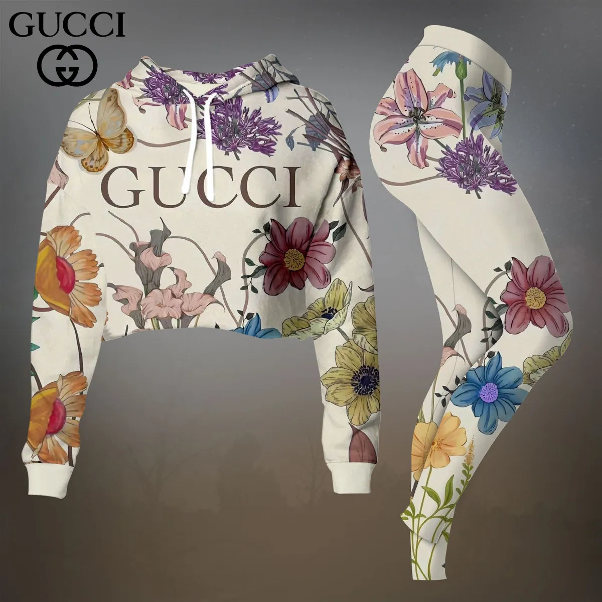 Gucci White Floral Print Cropped Hoodie And Leggings Set