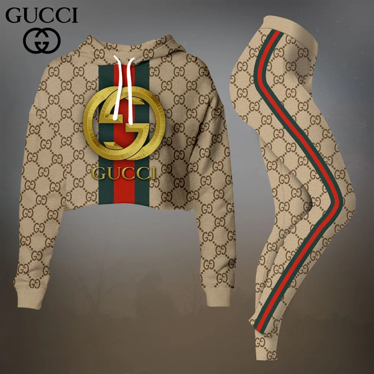Gucci Beige Pattern With Green Red Stripe Cropped Hoodie And Leggings Set