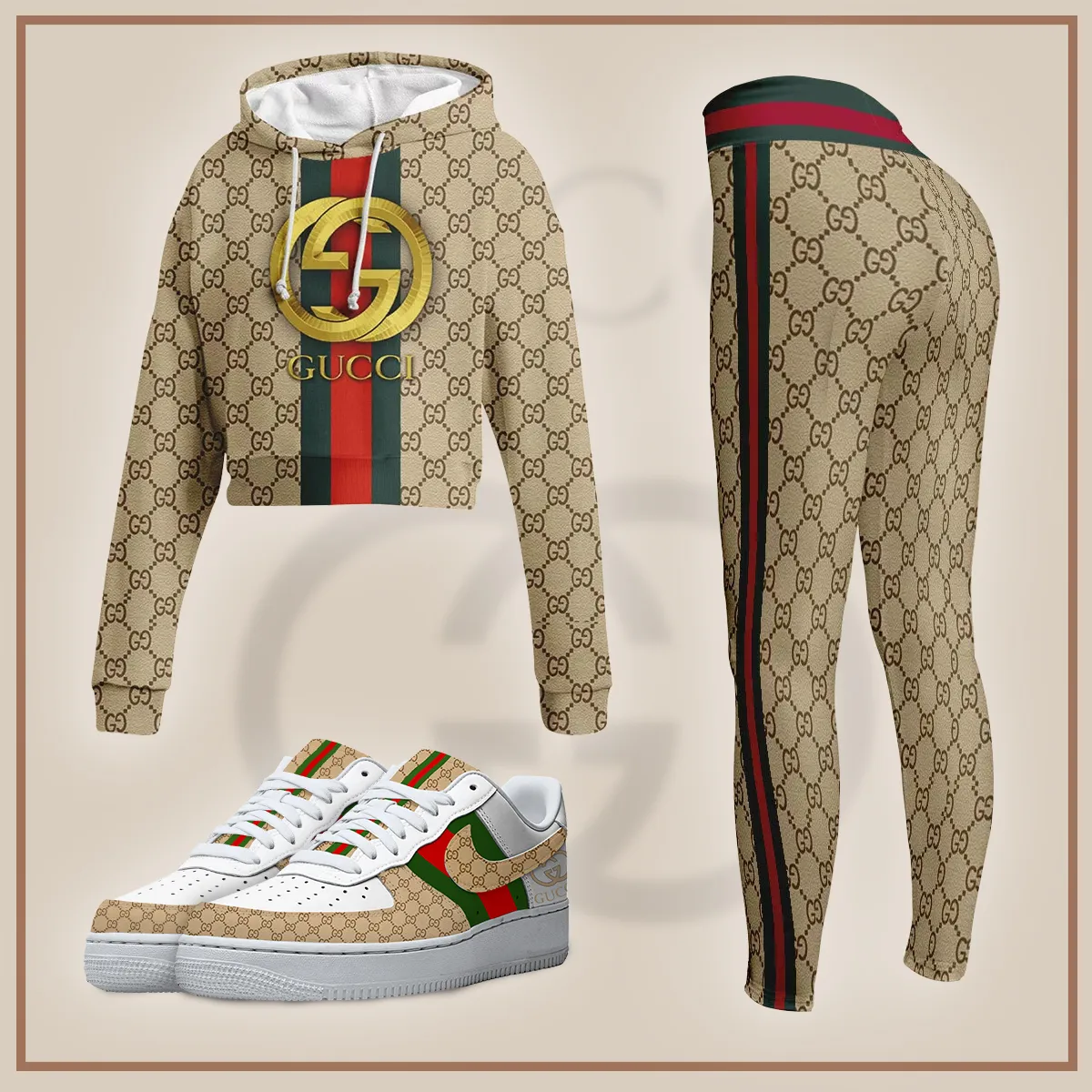 Gucci Beige Stripe Accent Cropped Hoodie And Leggings Set