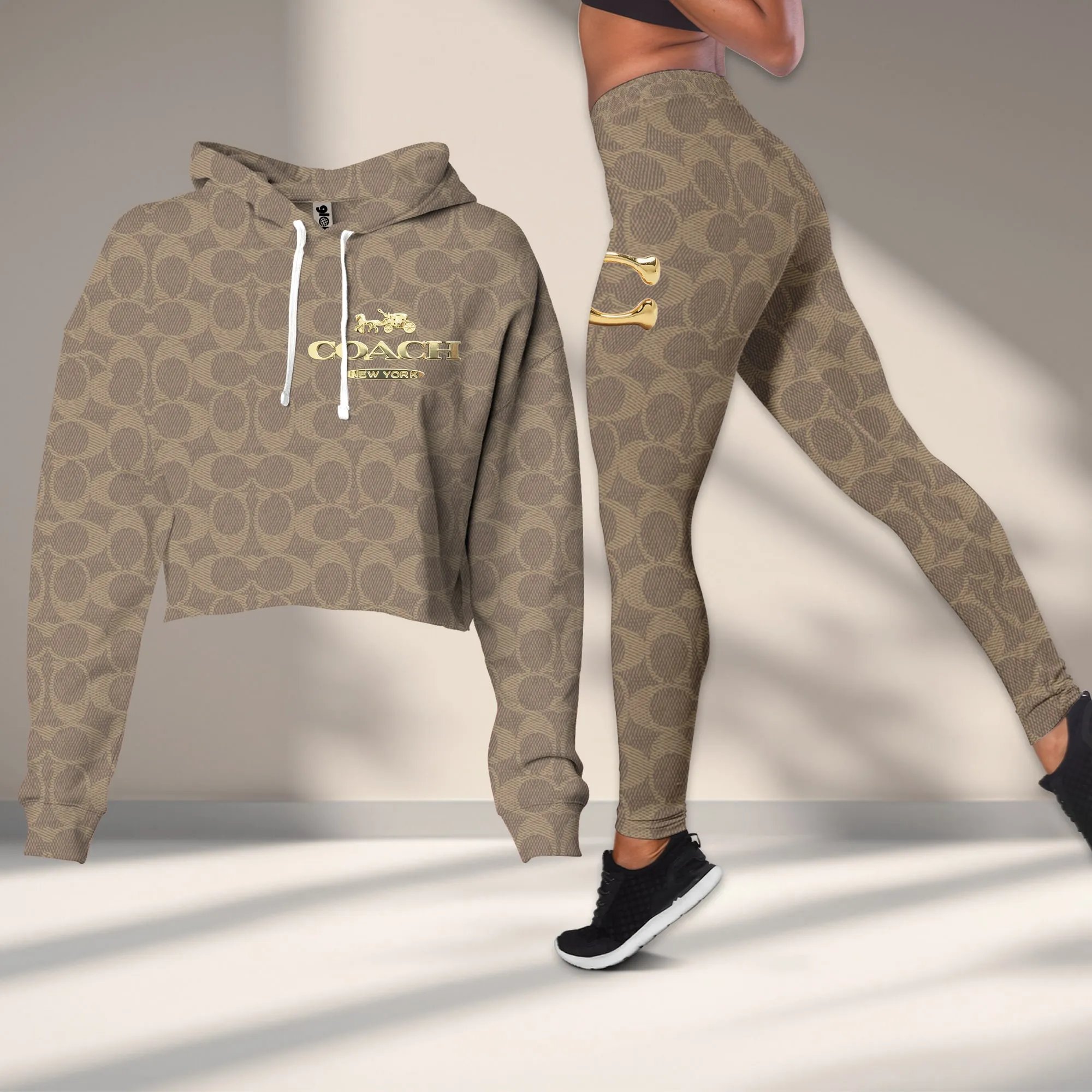 Coach Beige Monogram Pattern Cropped Hoodie And Leggings Set With Gold Accents