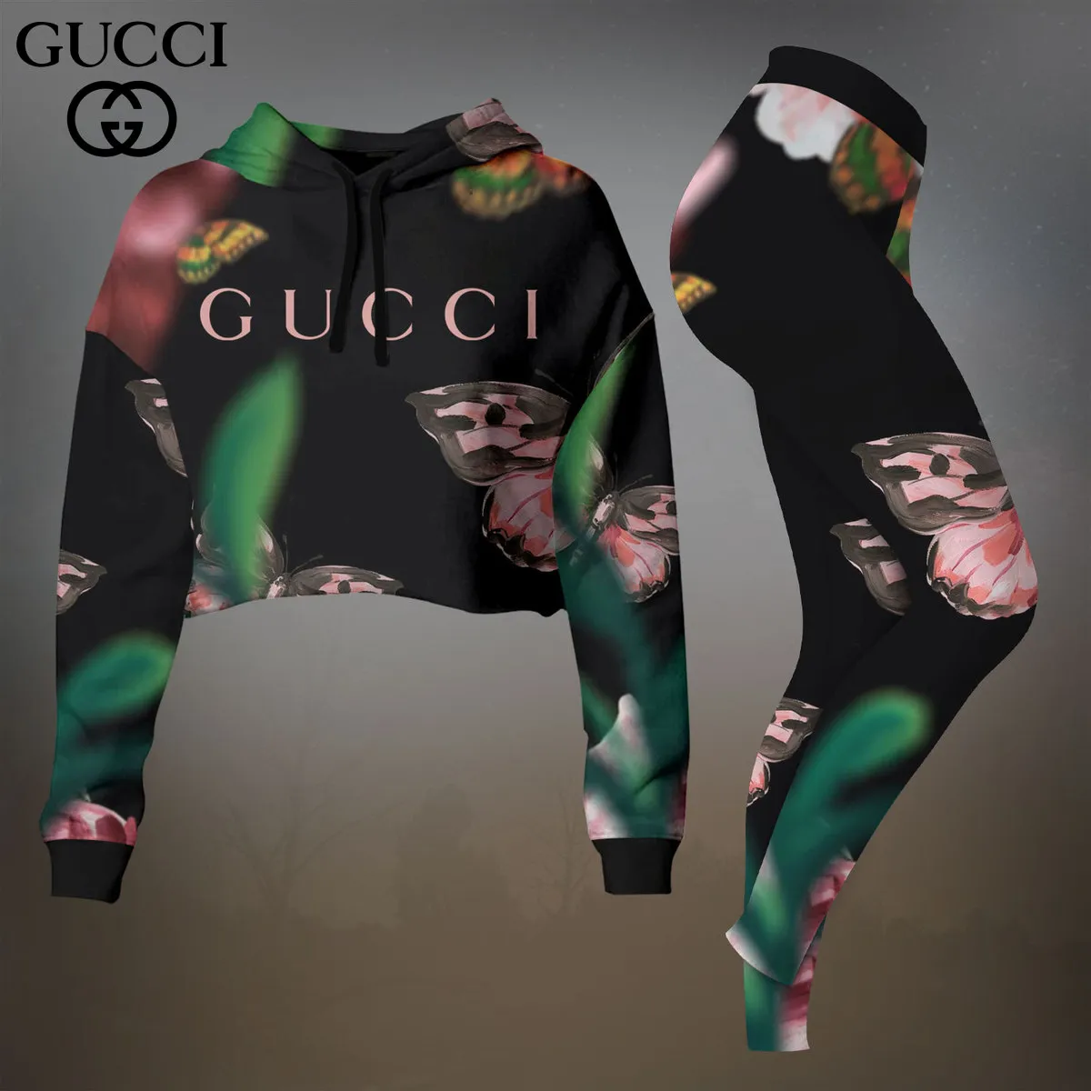 Gucci Black Floral Print Cropped Hoodie And Leggings Set