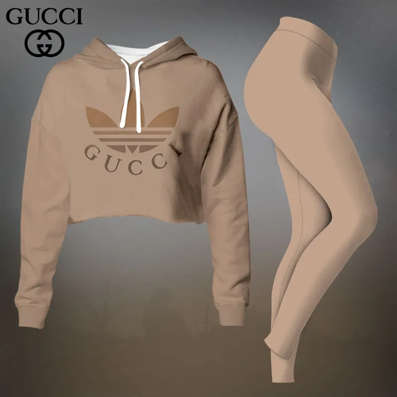 Gucci Beige Dripping Logo Cropped Hoodie And Leggings Set