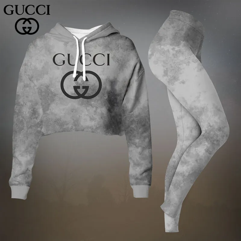 Gucci Beige Minimal Logo Cropped Hoodie And Leggings Set