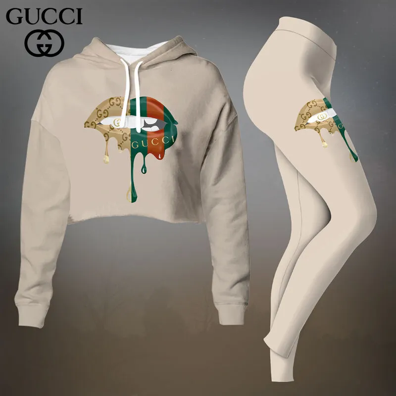 Gucci Brown Lips Graphic Cropped Hoodie And Leggings Set