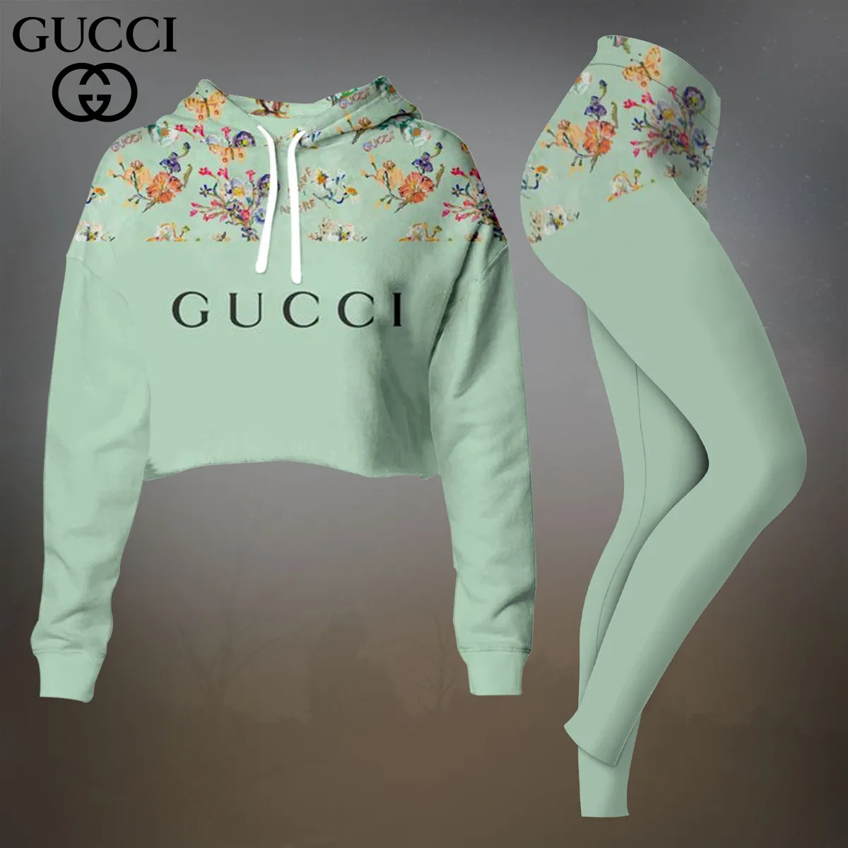 Gucci White With Gray Geometric Cropped Hoodie And Leggings Set