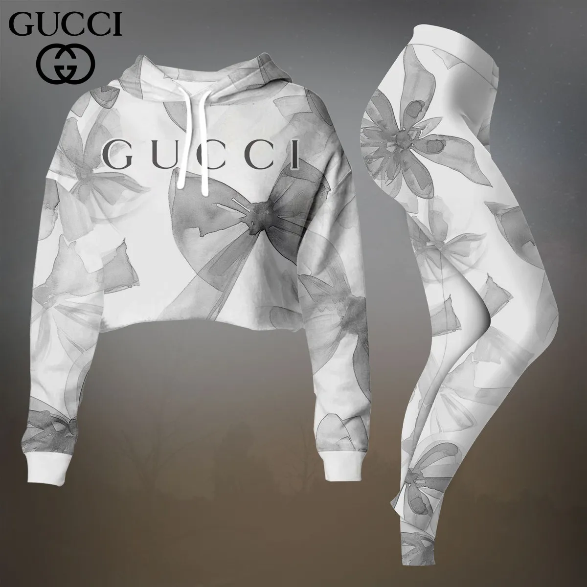 Gucci White Pink Floral Cropped Hoodie And Leggings Set