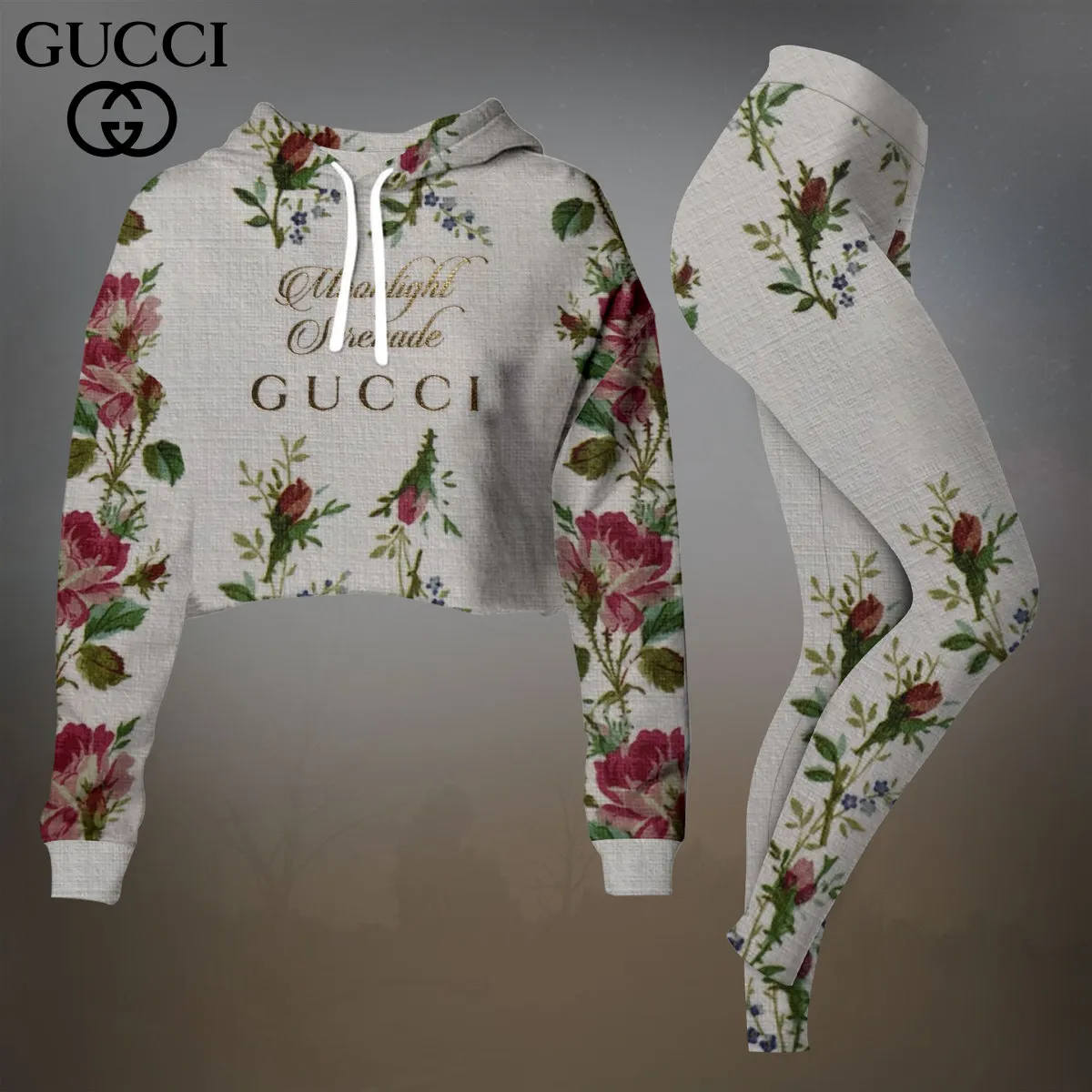 Gucci Gray Floral Embroidered Cropped Hoodie And Leggings Set