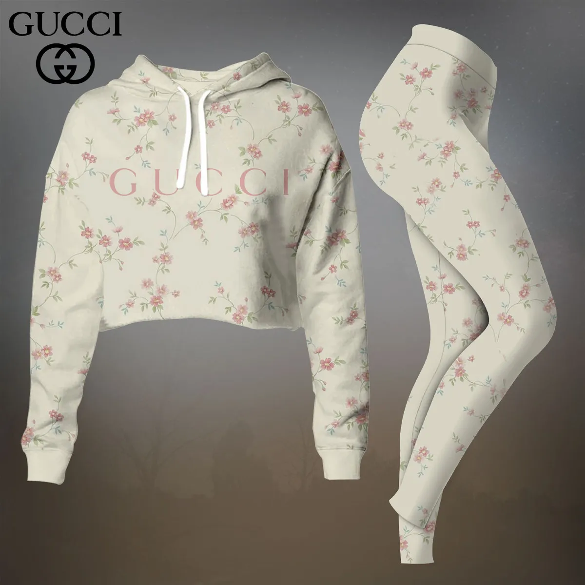 Gucci White Green Red Logo Cropped Hoodie And Leggings Set