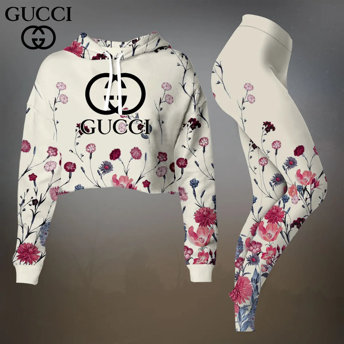 Gucci White With Red Pink Floral Cropped Hoodie And Leggings Set