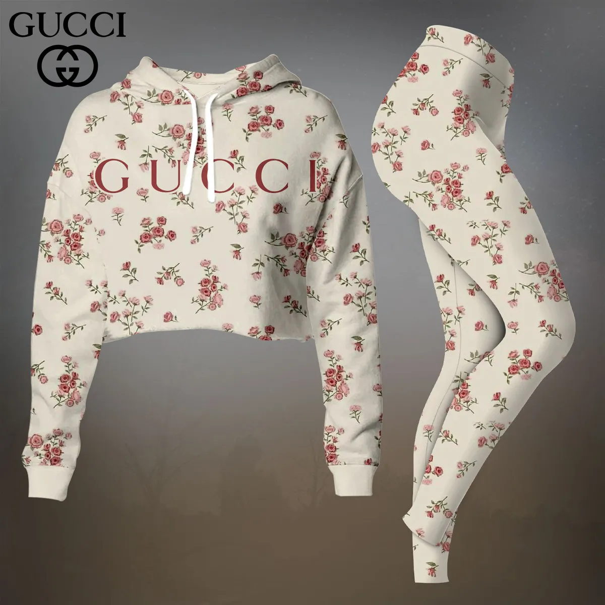 Gucci White Strawberry Print Cropped Hoodie And Leggings Set