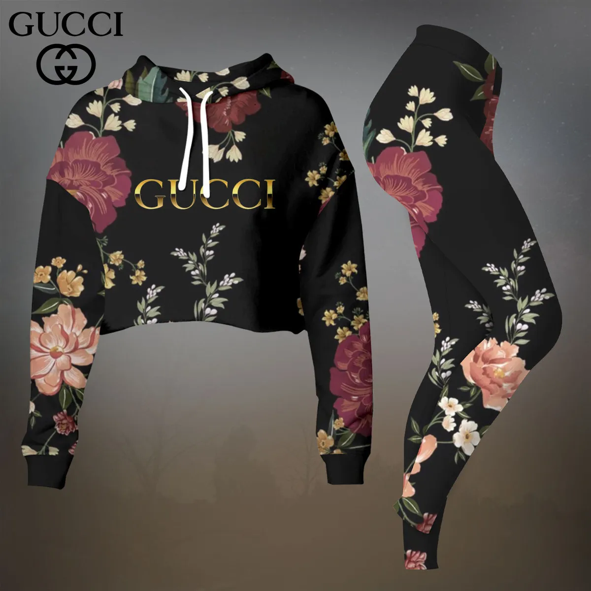 Gucci White Pink Logo Cropped Hoodie And Leggings Set