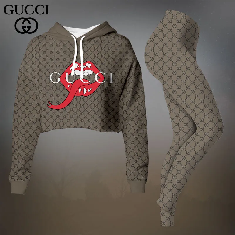 Gucci Beige Small Floral Cropped Hoodie And Leggings Set