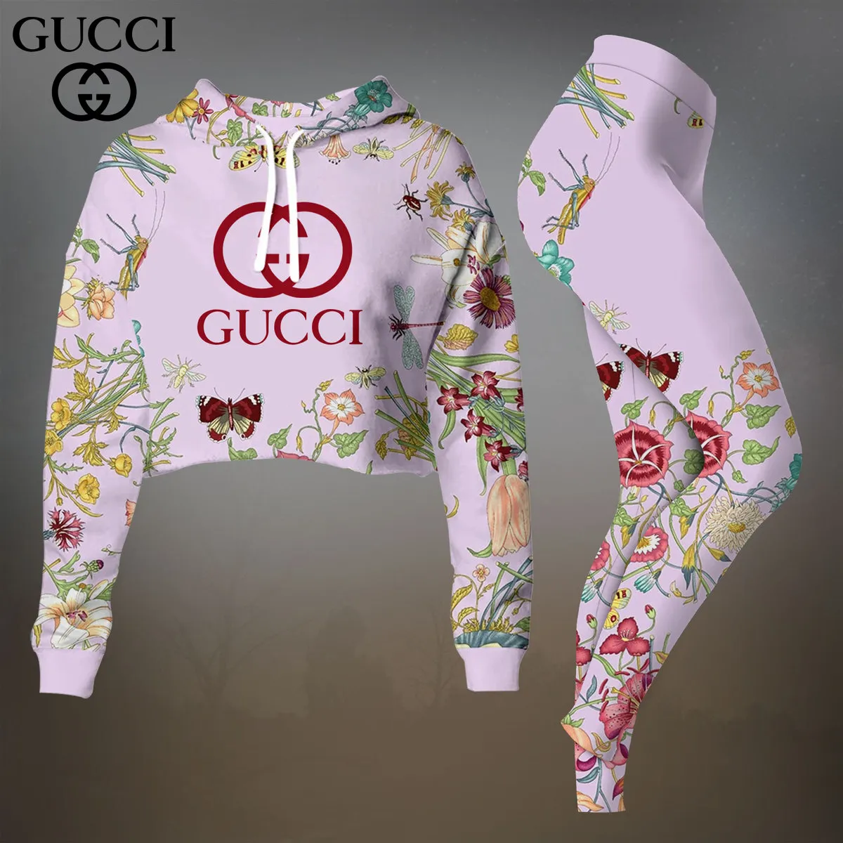 Gucci White Monogram Graphic Cropped Hoodie And Leggings Set