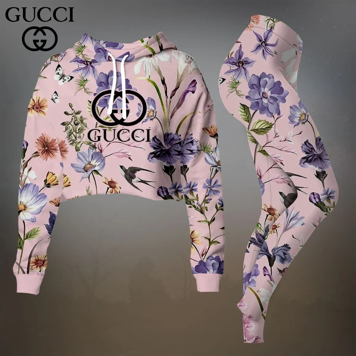 Gucci White With Purple Floral Cropped Hoodie And Leggings Set