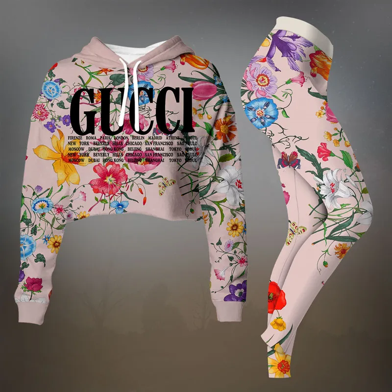 Gucci Blue Floral Cropped Hoodie And Leggings Set