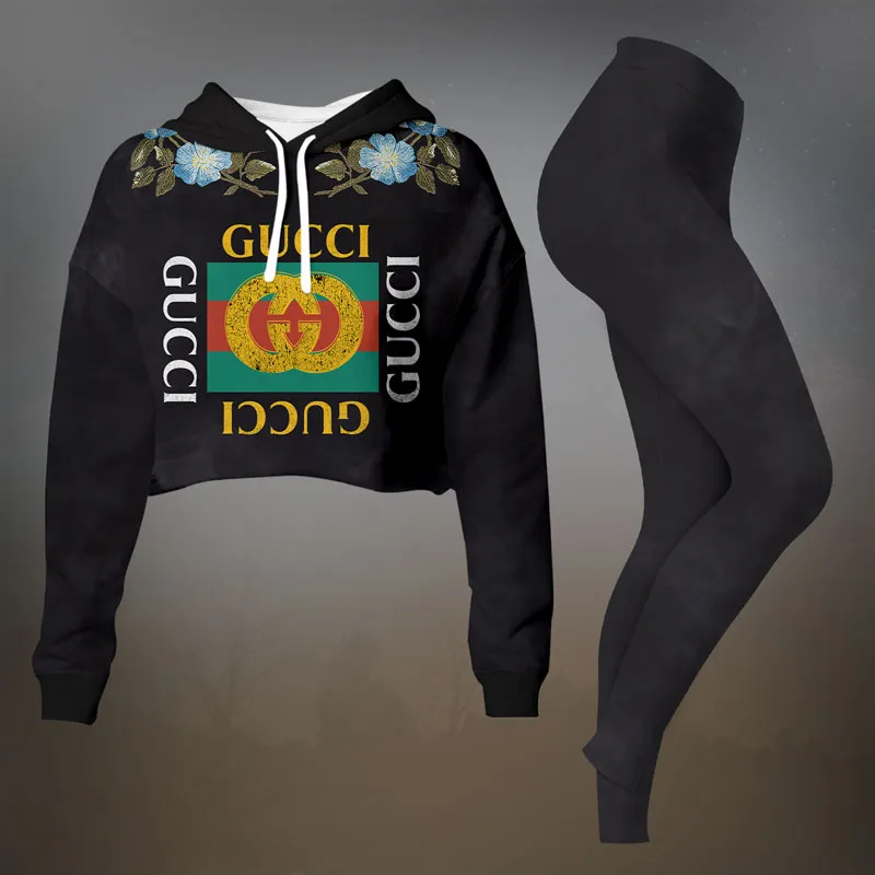 Gucci Cropped Hoodie And Leggings Set Black Green Red Logo Floral