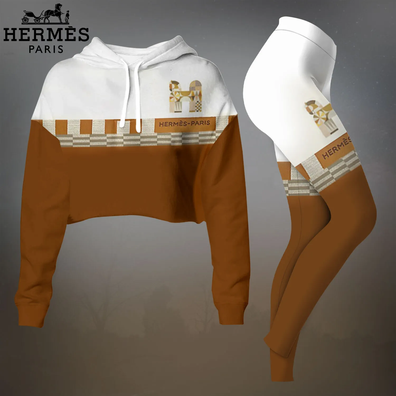 Herms Cropped Hoodie And Leggings Set White Brown Belt Print