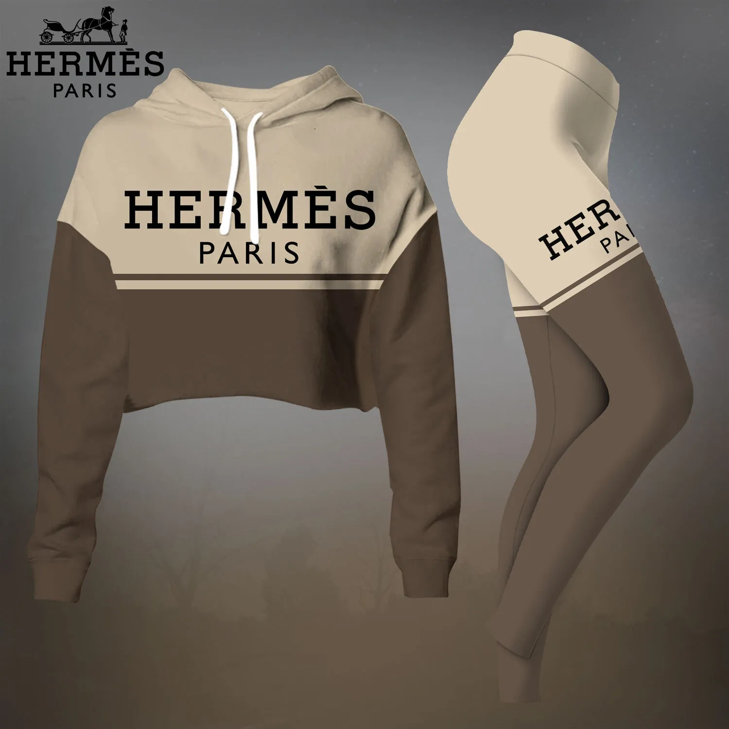 Herms Cropped Hoodie And Leggings Set Beige Brown Two-Tone