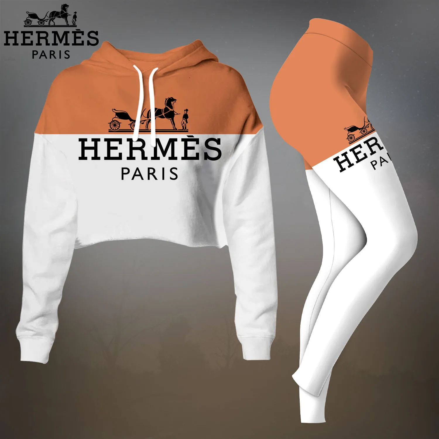 Herms Cropped Hoodie And Leggings Set Orange White Two-Tone