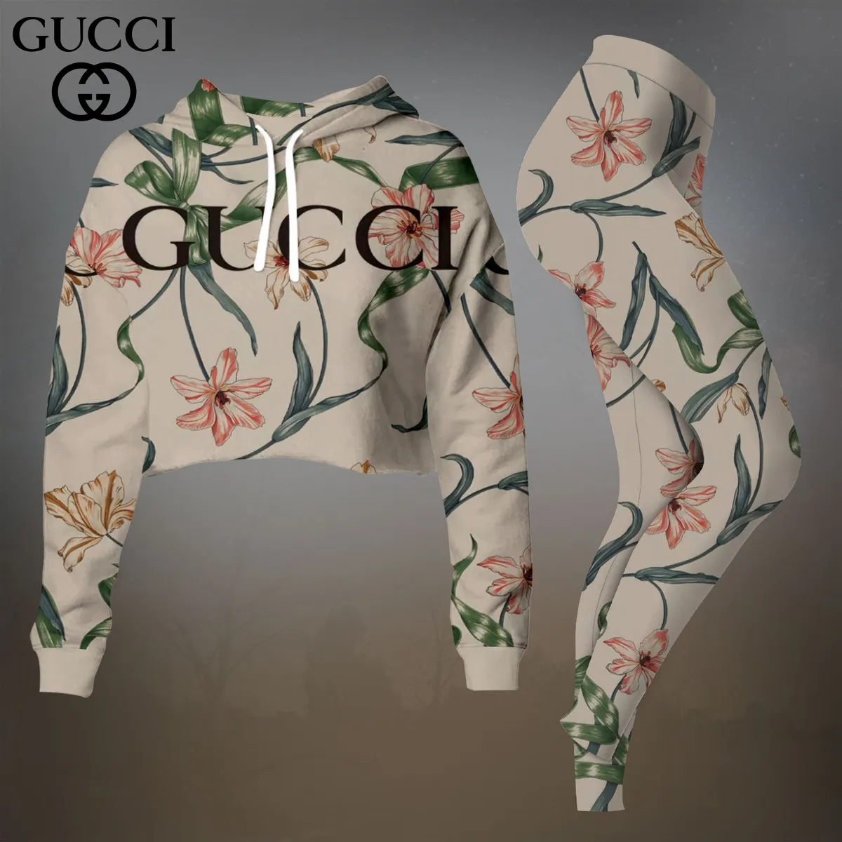 Gucci Cropped Hoodie And Leggings Set White Floral Pattern