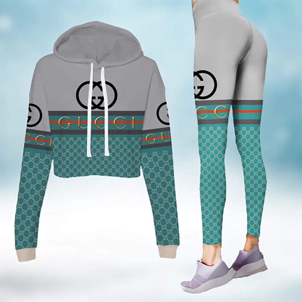 Gucci Cropped Hoodie And Leggings Set Gray Teal Stripe Pattern
