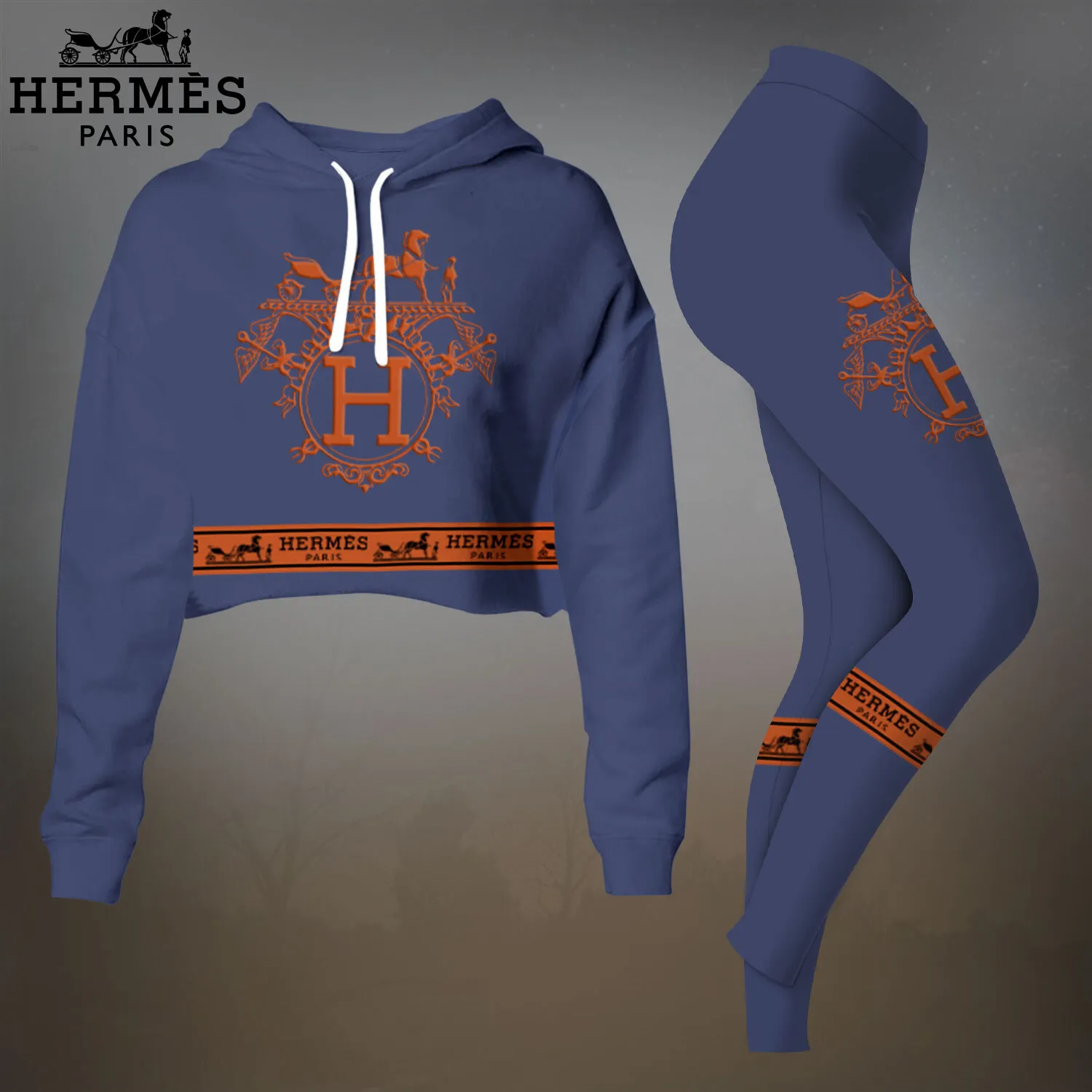 Herms Cropped Hoodie And Leggings Set Navy Orange Horse Print