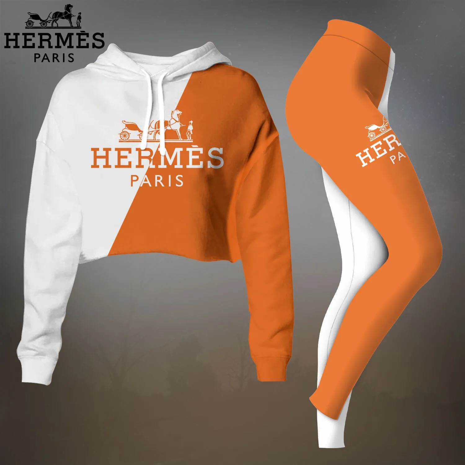 Herms Cropped Hoodie And Leggings Set White Orange Two-Tone