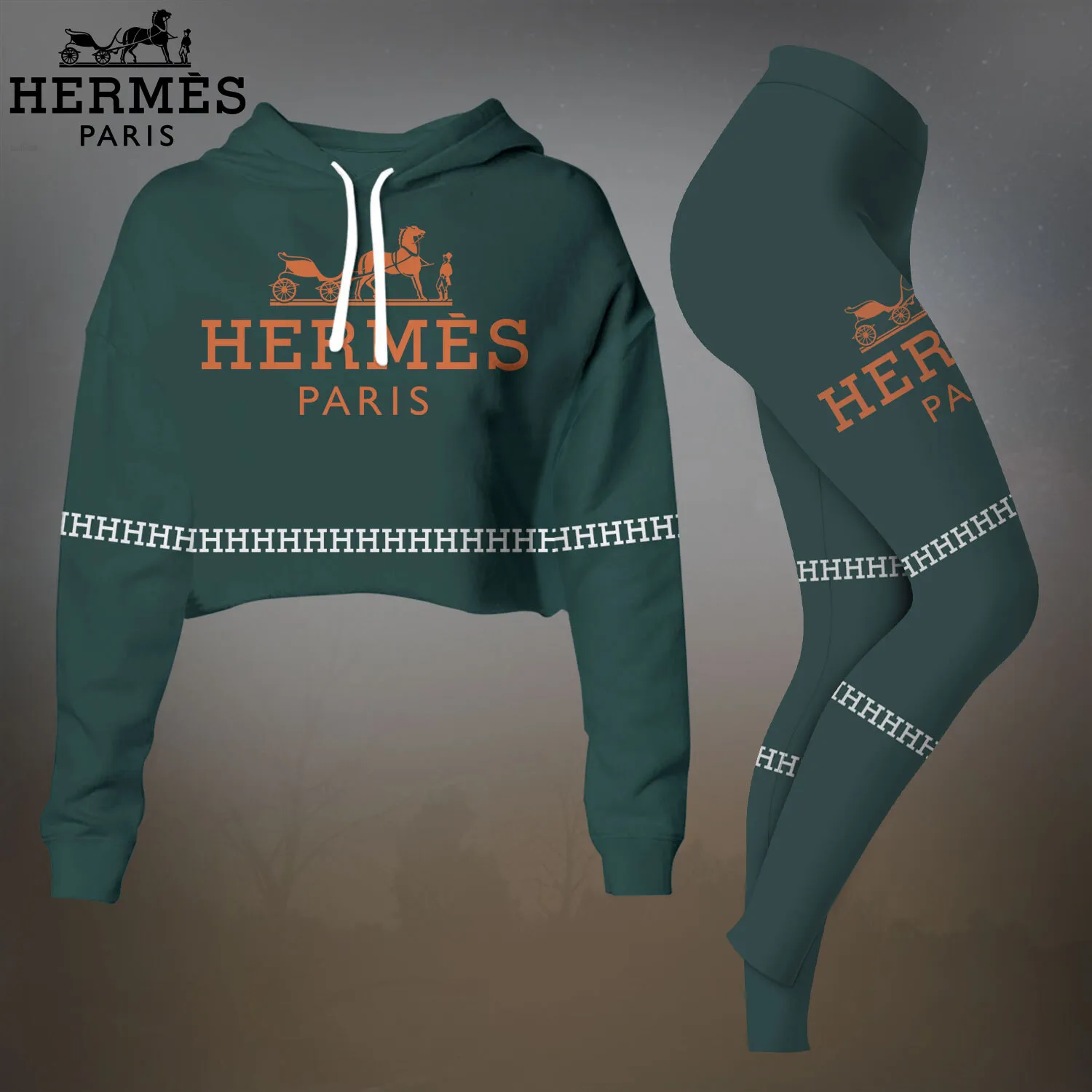 Herms Cropped Hoodie And Leggings Set Dark Green Orange Logo Band