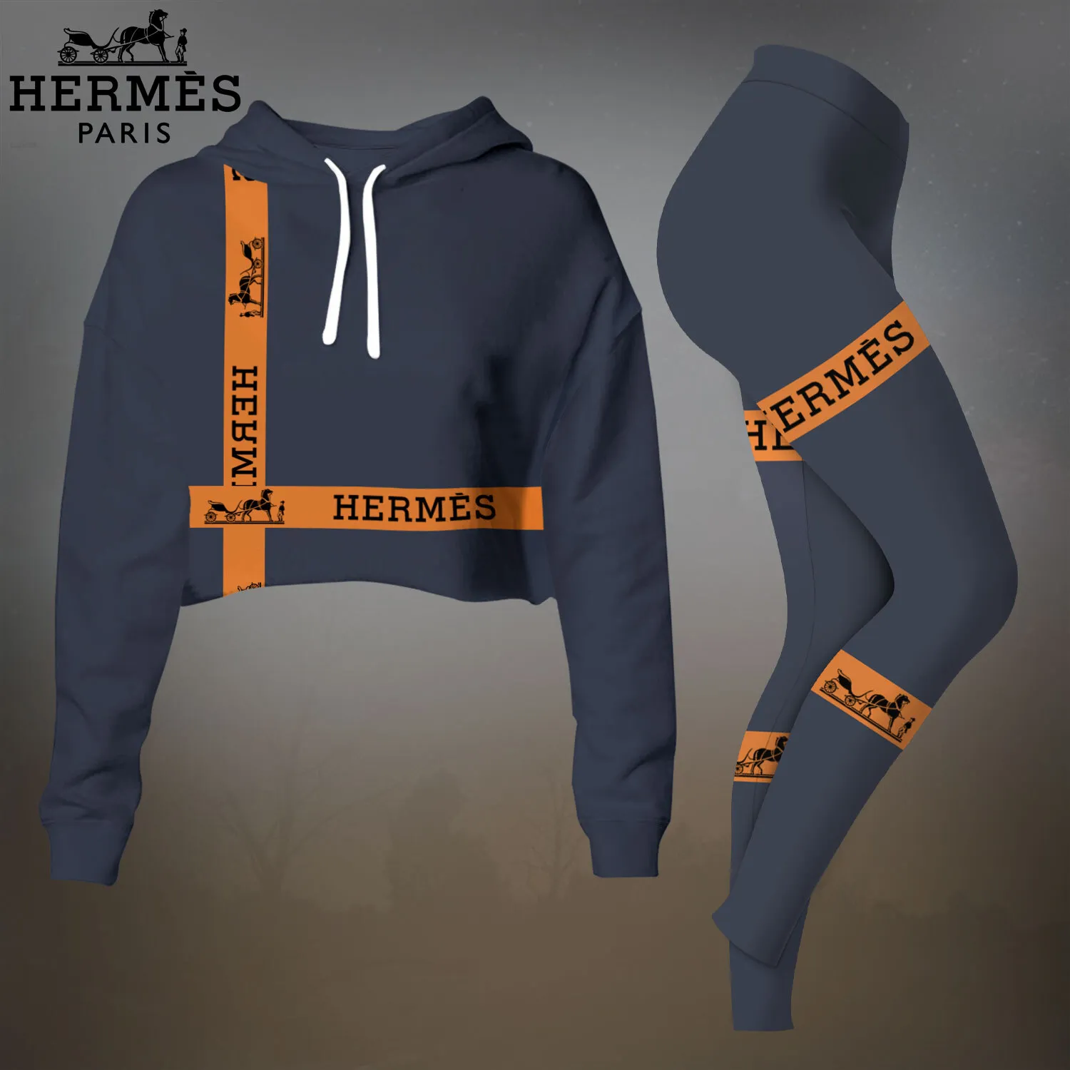 Herms Cropped Hoodie And Leggings Set Dark Gray Orange Logo Band